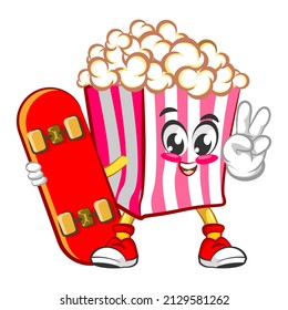 Mascot logo vector, cartoon and illustration of cute popcorn carrying skateboard