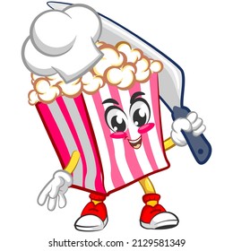 Mascot logo vector, cartoon and illustration of cute popcorn chef carrying a knife