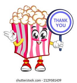 Mascot logo vector, cartoon and illustration of cute popcorn carrying a sign saying thank you