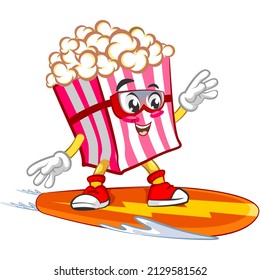 Mascot logo vector, cartoon and illustration of cute popcorn snow surfing