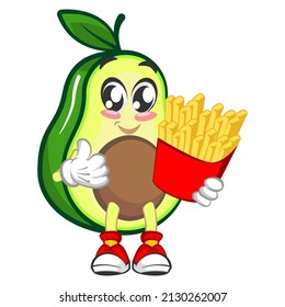 Mascot-Logo, Vektorgrafik, Cartoon und Illustration süßer Avocado mit Pommes frites