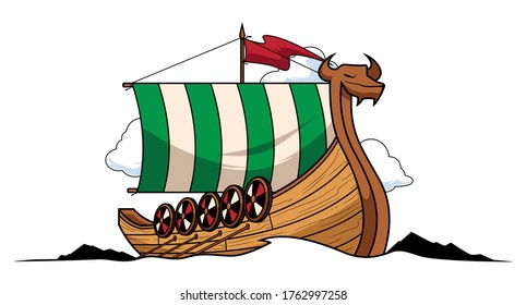 Mascot or logo with Viking ship sailing.