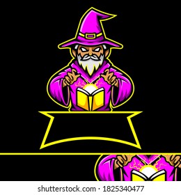 Mascot logo wizard esport magic book with purple robe in black background
