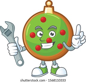 Mascot a mechanic in christmas ball cartoon.
