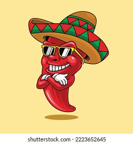 Mascota del vector premium de ilustración chili mexicana El concepto de tecnología aislada. Estilo de caricatura plana adecuado para llevar páginas web, carteles, volantes, pegatinas, tarjetas