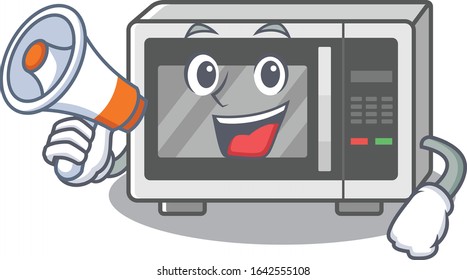 A mascot of microwave speaking on a megaphone