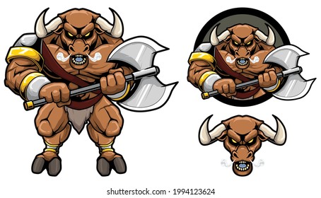 Mascot with Minotaur holding axe on white background.