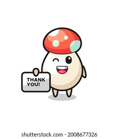 the mascot of the mushroom holding a banner that says thank you , cute style design for t shirt, sticker, logo element