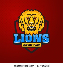 Mascot the muzzle of a lion on board. Leo talisman college sports teams, e-sport, school logo, tattoo, avatar, print t-shirt. The design of the character of a wild African cat. Vector illustration.