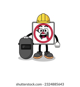 Mascot of no left or U turn road sign as a welder , character design