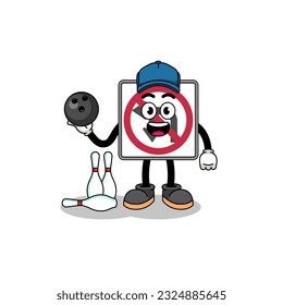 Mascot of no left or U turn road sign as a bowling player , character design