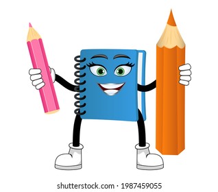 Mascot notepad character standing and holding pencil with cheerful expression smiling isolated