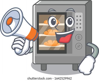 A mascot of oven cake speaking on a megaphone