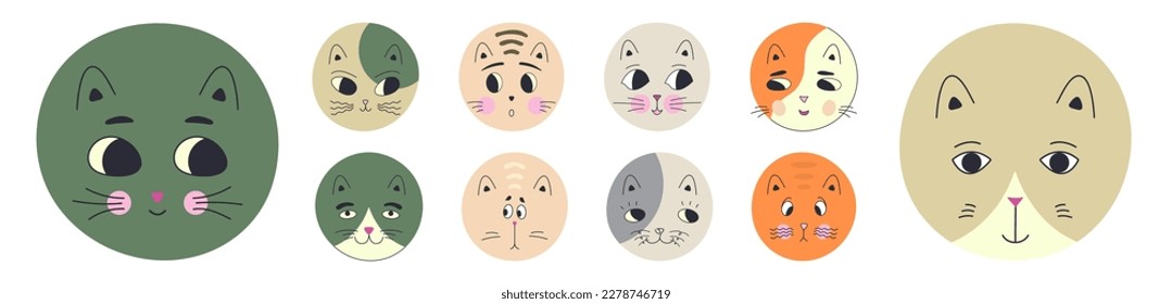 Mascot pack, black eyes cats. Creative characters, diverse emoticons, rounded kitten muzzle. Simple print for fabric, packaging
