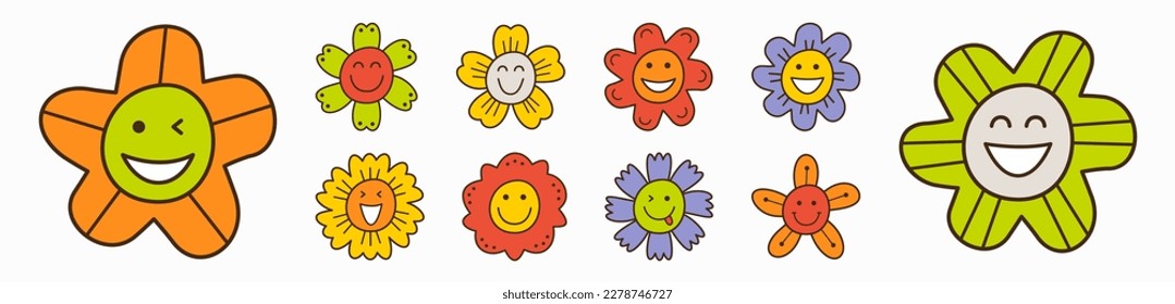 Mascot pack, laughs flowers. Creative characters, diverse emoticons, floret clipart. Simple print for fabric, packaging
