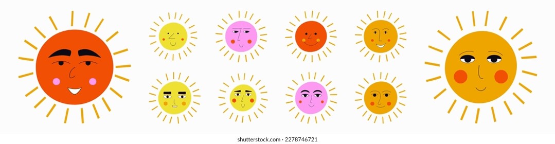 Mascot pack, laughs suns. Creative characters, diverse emoticons, sun icon. Simple print for fabric, packaging
