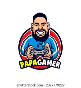Mascot papa gamer use training sport jacket logo, happy gamer player hold joystick