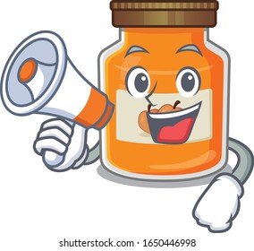 A mascot of peach jam speaking on a megaphone