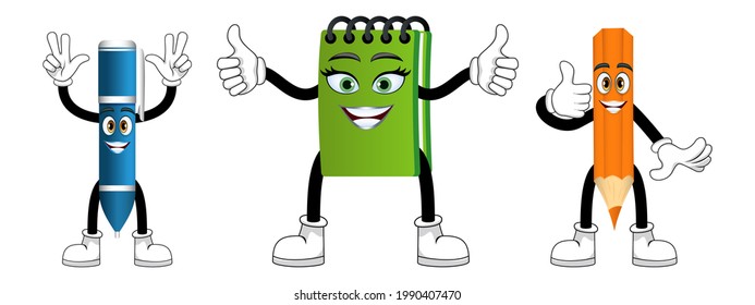 Mascot pen pencil and notepad characters standing and waving with colorful outfit isolated