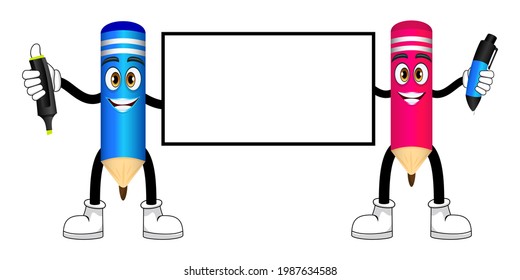 Mascot pencil characters holding pen and highlighter pen blank white board with cheerful expression