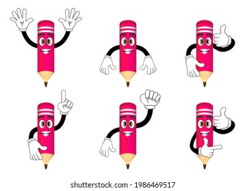 Mascot pencil characters standing and doing different actions with cheerful expression