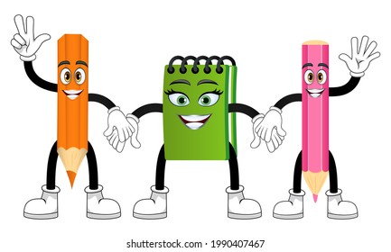 Mascot pencil and notepad characters standing and waving holding hands together with colorful outfit isolated
