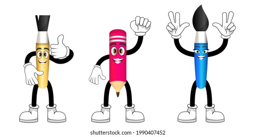 Mascot pencil and paint brush characters standing and waving isolated with colorful outfit
