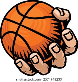 A mascot person hand or fist holding a basketball ball
