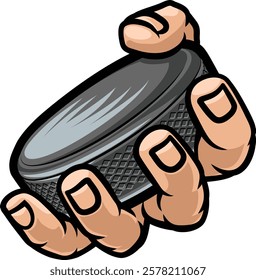 A mascot person hand or fist holding an ice hockey puck
