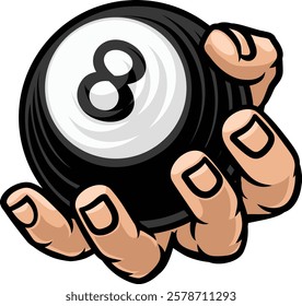 A mascot person hand or fist holding a pool or billiards 8 billiard black ball