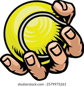 A mascot person hand or fist holding a tennis ball