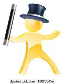 Mascot person magician with a wand and black top hat