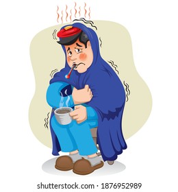 Mascot person sick man, with high fever, chills, shaking, symptoms. Ideal for informational and institutional related to medicine