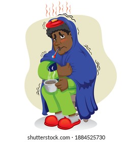 Mascot person sick man, with high fever, chills, shaking, symptoms, Afro-descendant. Ideal for informational and institutional related to medicine