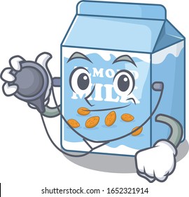 A mascot picture of almond milk cartoon as a Doctor with tools