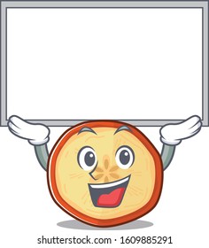 A mascot picture of apple chips raised up board