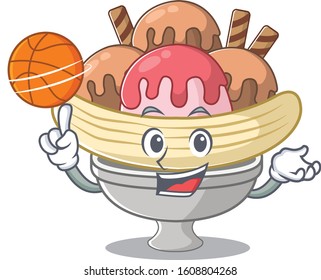 A mascot picture of banana split cartoon character playing basketball