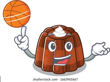 A mascot picture of chocolate pudding cartoon character playing basketball