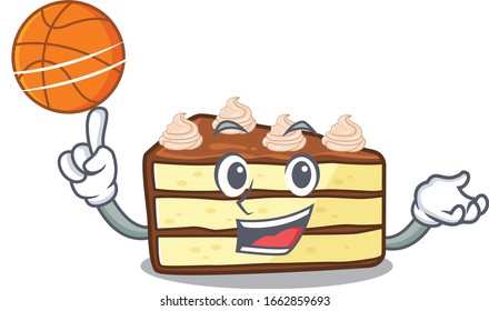 A mascot picture of chocolate slice cake cartoon character playing basketball