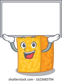 A mascot picture of colby jack cheese raised up board