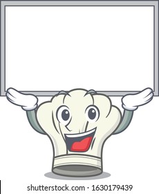 A mascot picture of cook hat raised up board