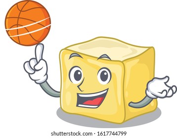 A mascot picture of creamy butter cartoon character playing basketball