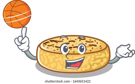 A mascot picture of crumpets cartoon character playing basketball