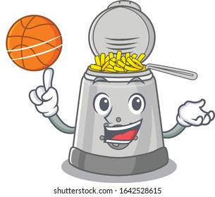 A mascot picture of deep fryer cartoon character playing basketball