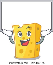 A mascot picture of emmental cheese raised up board