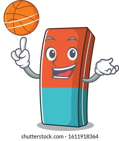 A mascot picture of eraser cartoon character playing basketball