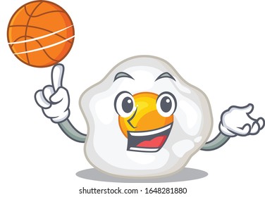 A mascot picture of fried egg cartoon character playing basketball