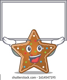 A mascot picture of gingerbread star raised up board