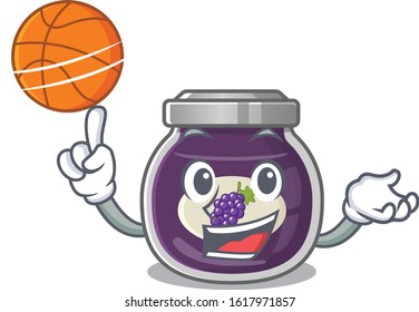 A mascot picture of grape jam cartoon character playing basketball