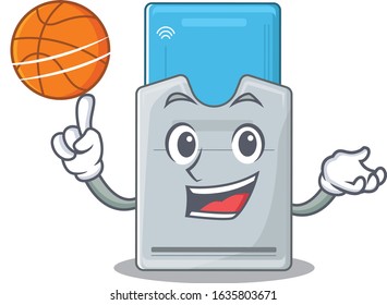 A mascot picture of key card cartoon character playing basketball
